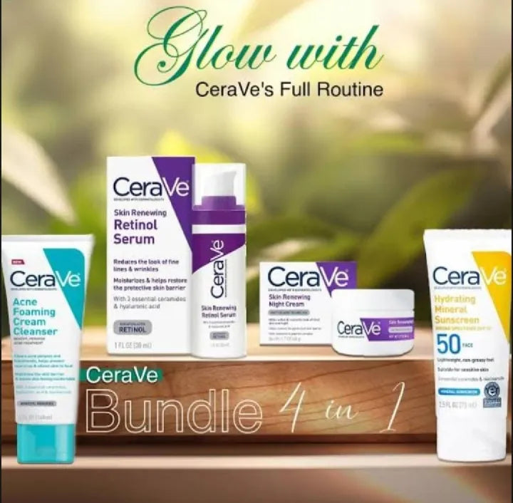 CeraVe 4-in-1 Skincare Bundle – Retinol Serum, Night Cream, Acne Foaming Cleanser, Sunscreen SPF 50