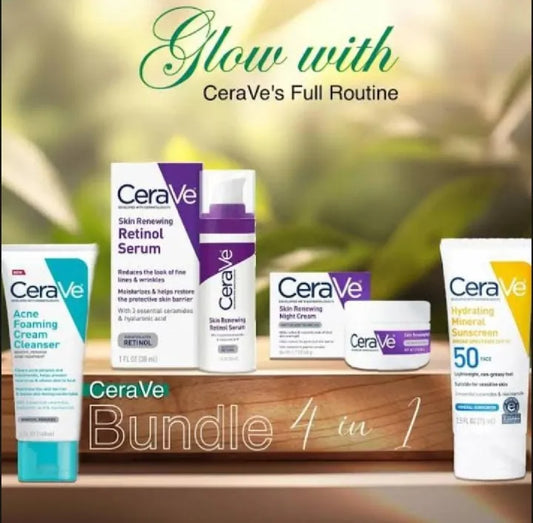 CeraVe 4-in-1 Skincare Bundle – Retinol Serum, Night Cream, Acne Foaming Cleanser, Sunscreen SPF 50